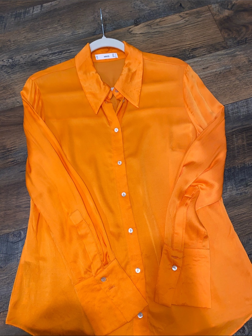 Mango Silky Orange Mother of Pearl Button-Front Woman’s Shirt - Picture 4 of 5
